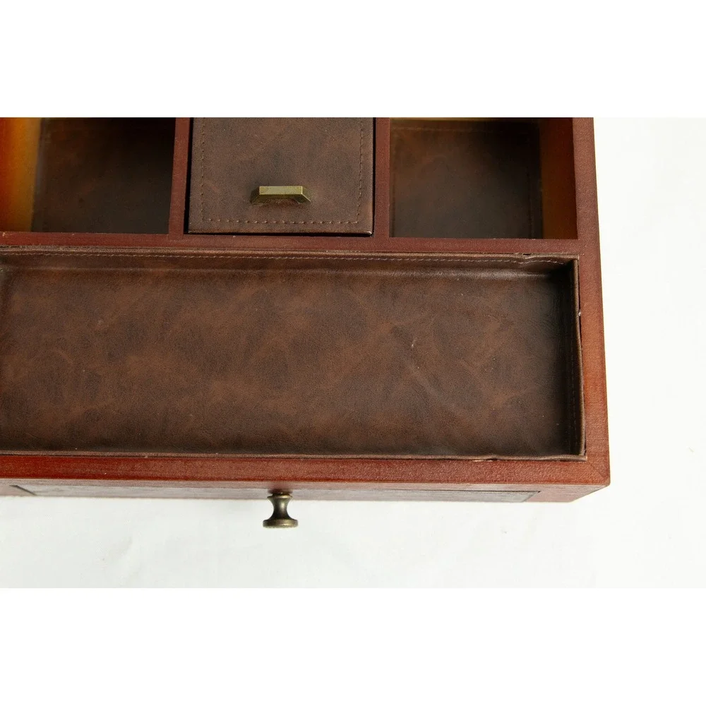 Vintage Wood Valet Box Jewelry Organizer Charging Station Brown Faux Leather